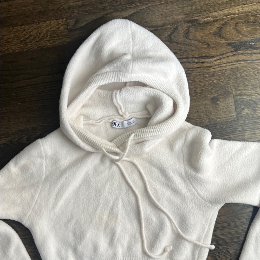 Zara Cozy Cream Cropped Hoodie ivory off white layer sweatshirt pullover medium - Picture 3 of 5